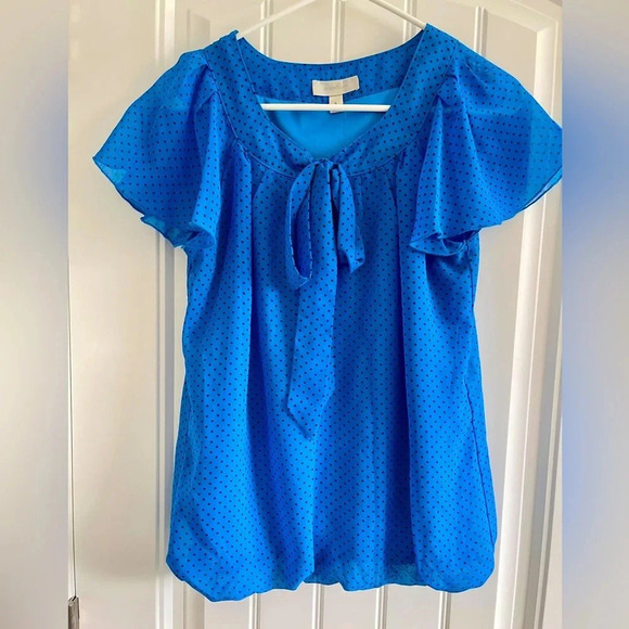 Dress Barn Blue Polka Dot Tie Neck Blouse - Picture 1 of 6